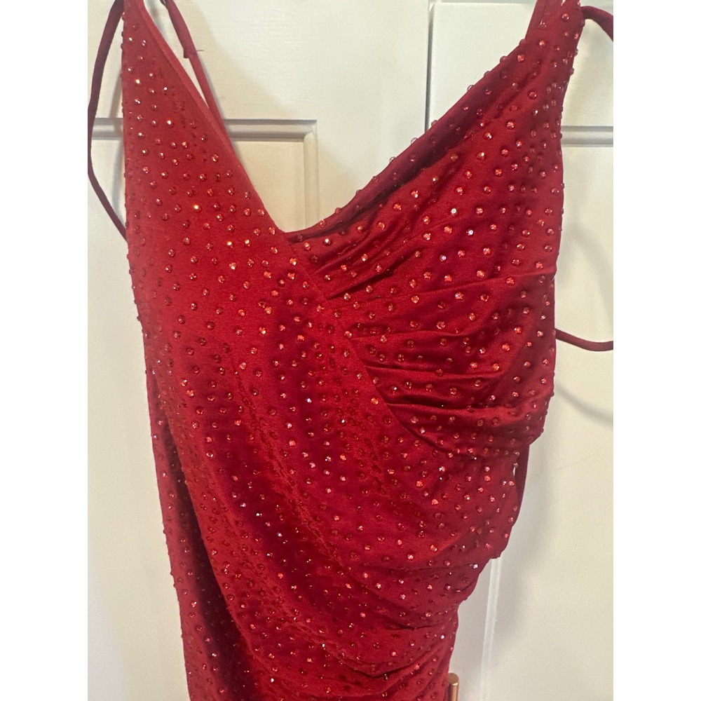 Ruby Red Rhinestone Ruched Prom Dress High Slit Formal Evening Gown Size 8 - Picture 6 of 7